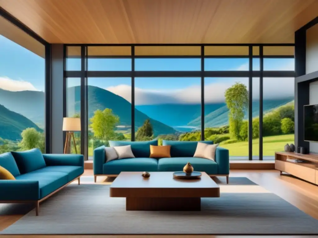 Moderno salón con vista a montañas verdes Salón moderno con vista a montañas verdes y cielo azul