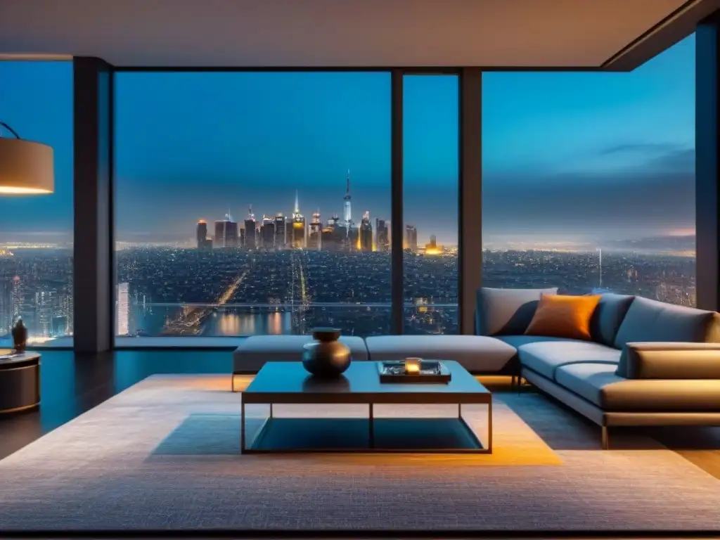 Salón moderno con vista nocturna a la ciudad para Guía inversores préstamos hipotecarios