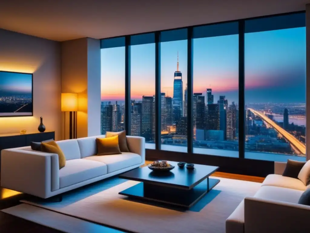 Salón moderno de lujo con vistas nocturnas a la ciudad Salón moderno con vista nocturna de la ciudad