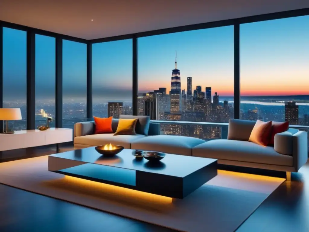Salón moderno de lujo con vista a la ciudad de noche Salón moderno con vista nocturna de ciudad, elegante decoración y mobiliario