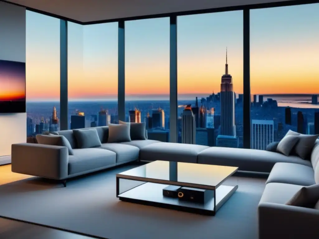 Salón moderno con vista urbana en VR Un salón moderno con vista panorámica a la ciudad, decorado con sofá gris, mesa de centro y arte contemporáneo