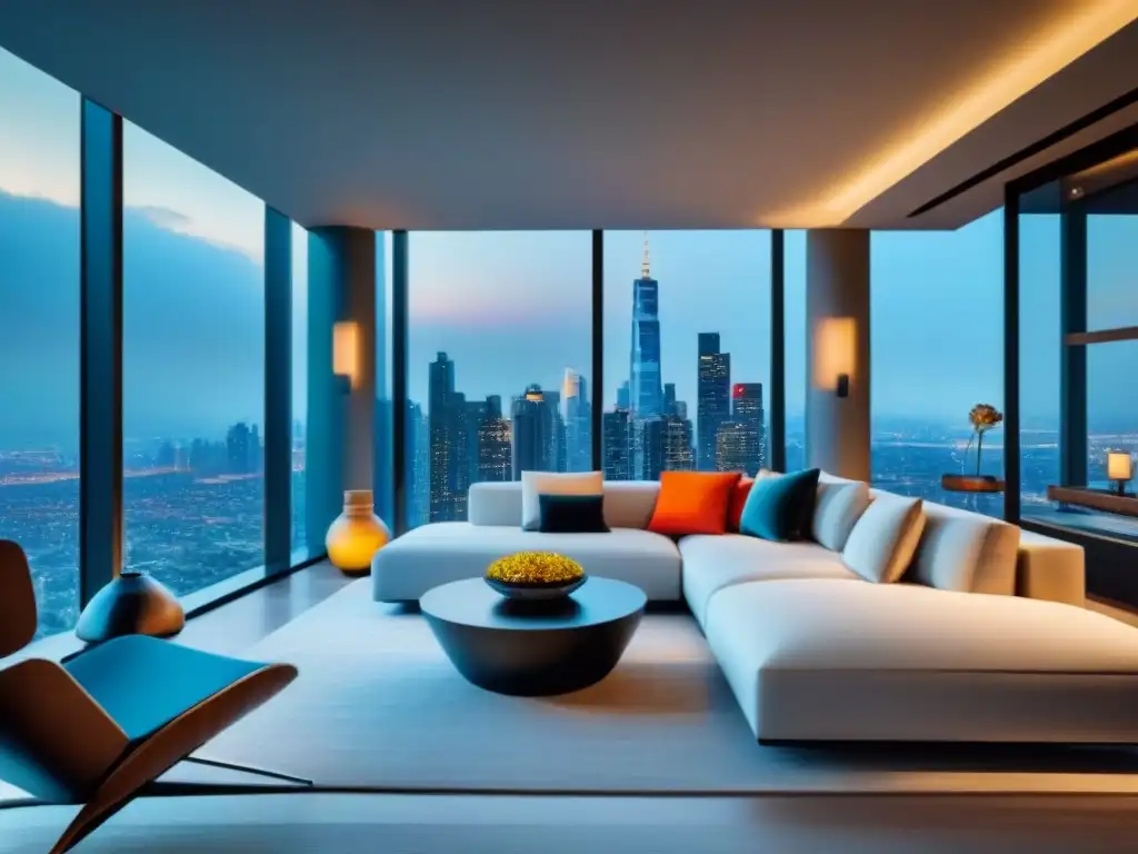 Sala de estar moderna y lujosa con vista panorámica a la ciudad Salón moderno con vistas a la ciudad, mobiliario elegante y decoración personalizada