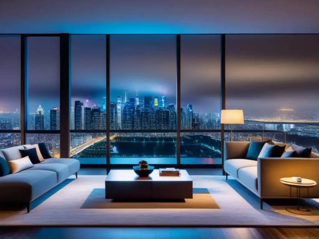 Salón de lujo en penthouse con vista a la ciudad de noche Salón lujoso de penthouse moderno con vista panorámica nocturna de la ciudad