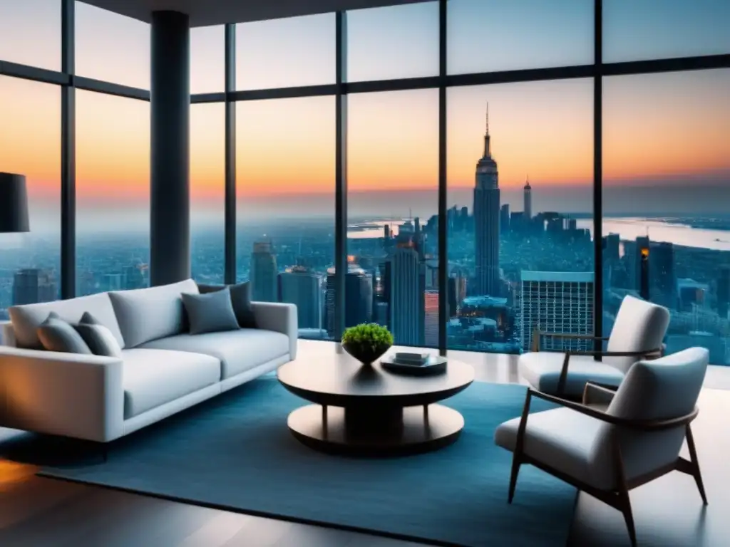 Penthouse de lujo con vista panorámica a la ciudad Salón lujoso en penthouse con vista a la ciudad y mobiliario de diseño contemporáneo para anuncios alto impacto negocio inmobiliario