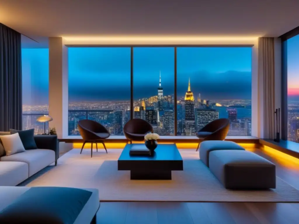 Salón de lujo y moderno con vistas nocturnas a la ciudad Salón lujoso en propiedad de alta gama, con mobiliario elegante y vistas nocturnas a la ciudad