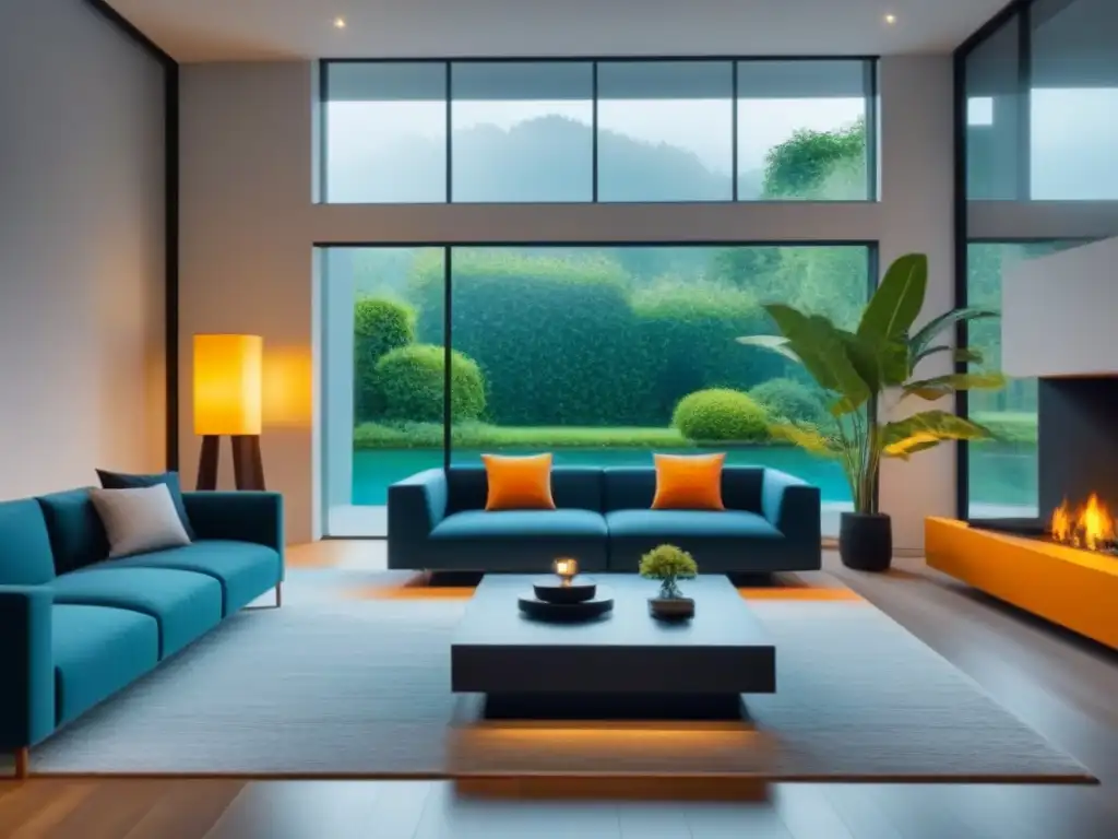 Salón de lujo con jardín: concepto de préstamos hipotecarios con garantía Salón lujoso con ventanales al jardín, muebles elegantes y chimenea acogedora, ideal para el mejor préstamo hipotecario según perfil
