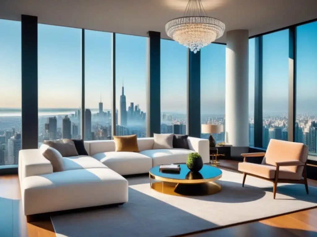 Salón de lujo con vista panorámica: ideal para tu hogar con préstamo FHA Salón lujoso con vista panorámica de la ciudad, mobiliario moderno y decoración elegante