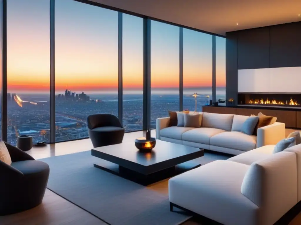Salón penthouse de lujo con vista panorámica al atardecer Salón lujoso con vista panorámica de la ciudad al atardecer, ideal para la estrategia publicitaria inmobiliaria de lujo