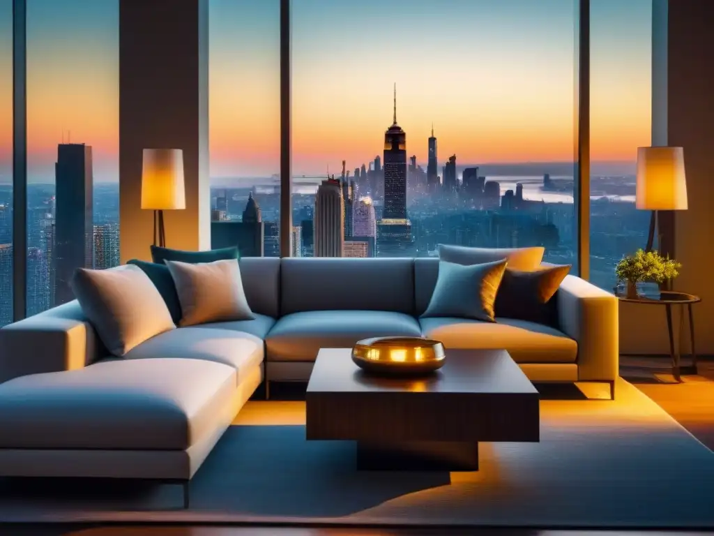 Sala de estar de lujo con vista panorámica al atardecer en la ciudad Salón lujoso con vistas panorámicas a la ciudad al atardecer