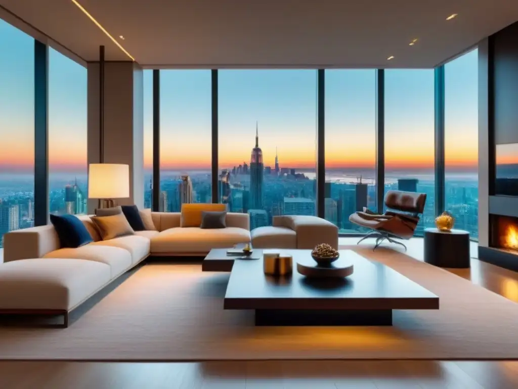 Salón de lujo con vista panorámica a la ciudad Salón lujoso con vistas panorámicas a la ciudad, mobiliario elegante y elementos decorativos sofisticados, estrategias tasación propiedad inmobiliaria