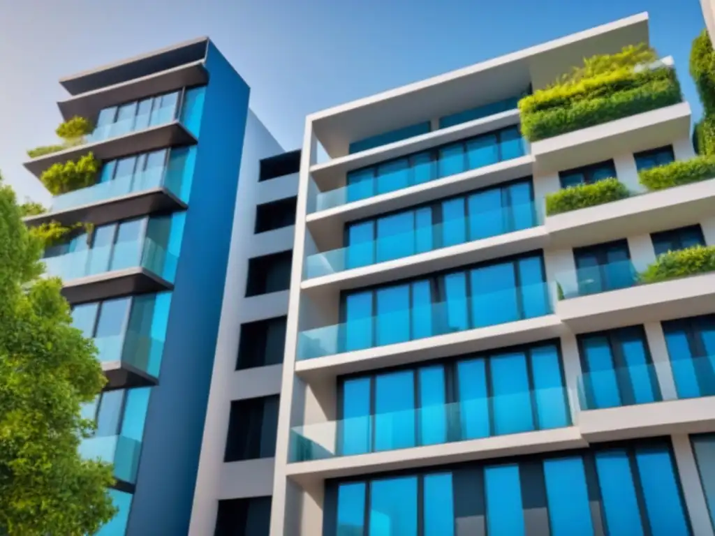 Inversiones inmobiliarias: moderno edificio residencial en 8k Inversión segura: Edificio moderno con unidades residenciales de diversos colores y diseño arquitectónico, rodeado de vegetación