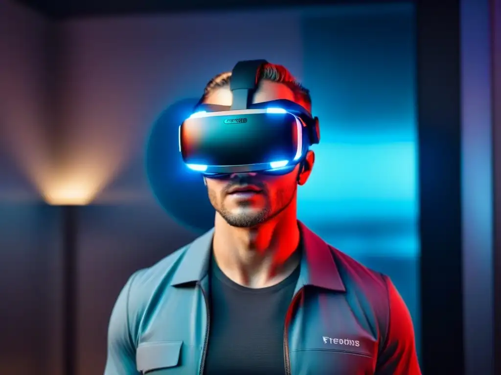 Realidad virtual futurista con seguridad avanzada Explora la seguridad en visitas virtuales inmobiliarias con este futurista headset de realidad virtual de alta tecnología