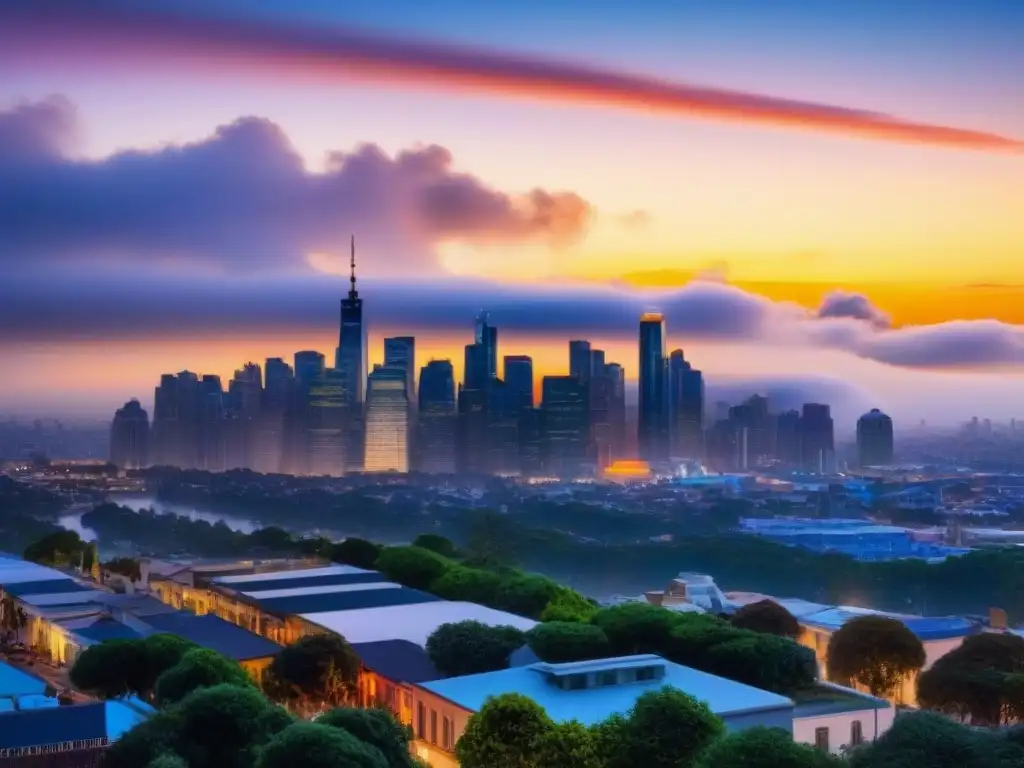 Seguro de propiedades: variedad y claridad en la ciudad al atardecer Comparar seguros propiedad inversores: diseño gráfico moderno de pólizas de seguros inmobiliarios con skyline al atardecer