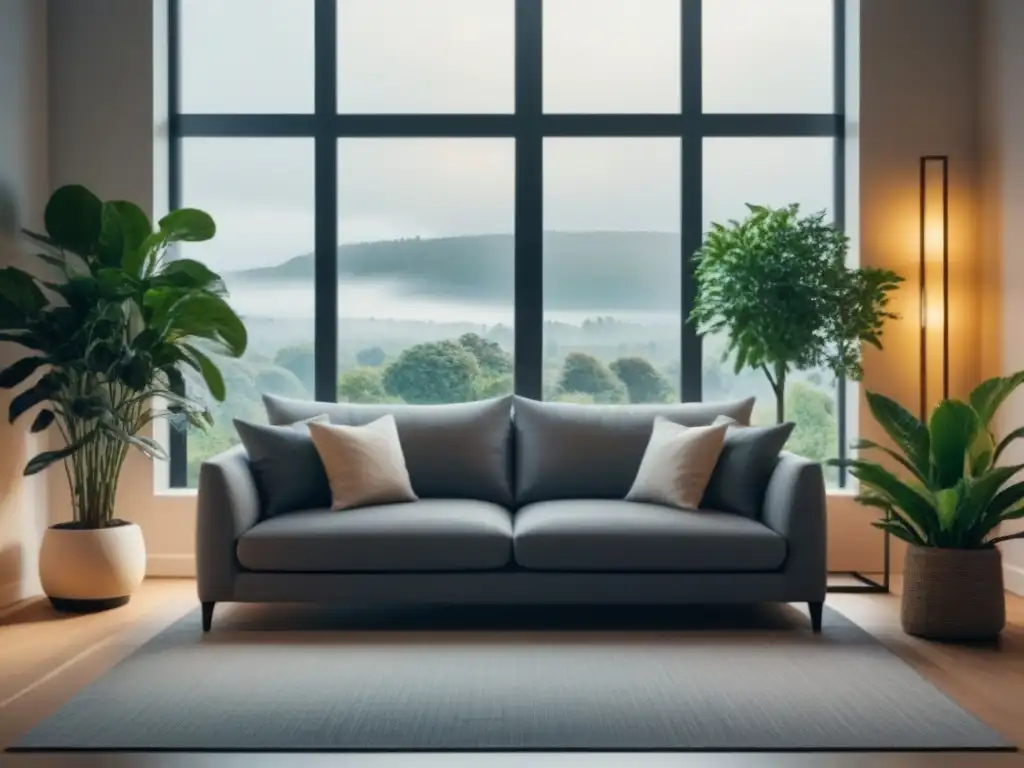 Salón moderno y sereno con luz natural y plantas Serenidad y elegancia en sala con luz natural, muebles minimalistas y planta verde