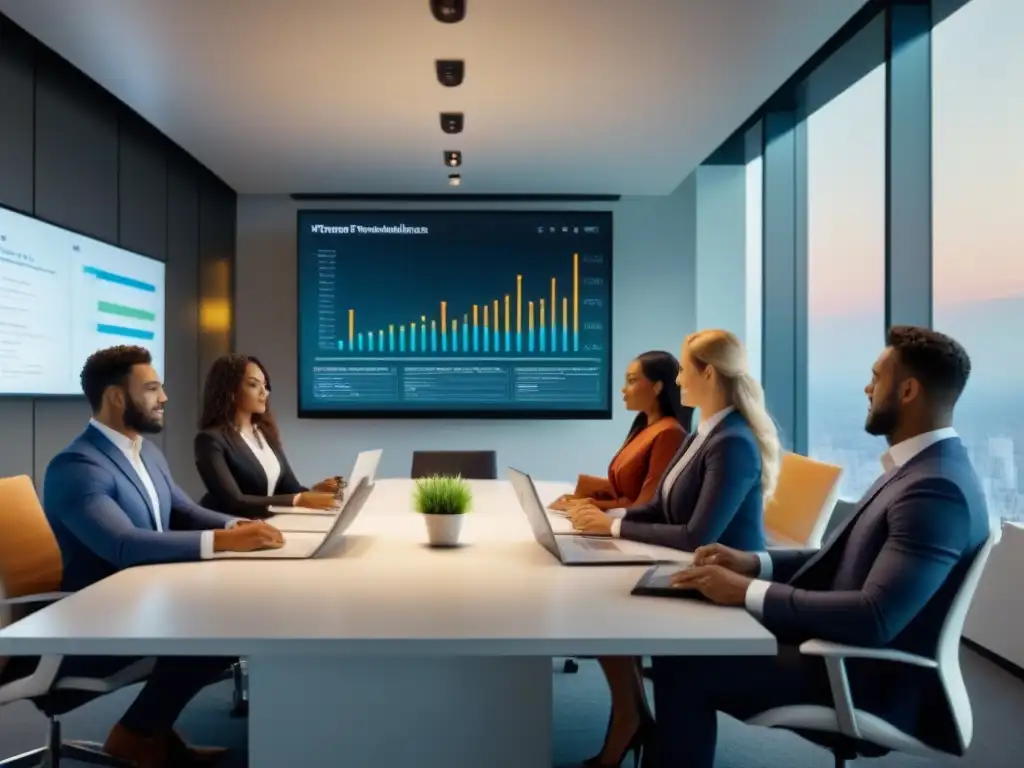 Microlearning financiero: Profesionales diversificados en reunión Una sesión de microlearning sobre educación financiera inmobiliaria en una moderna oficina con un grupo diverso de profesionales