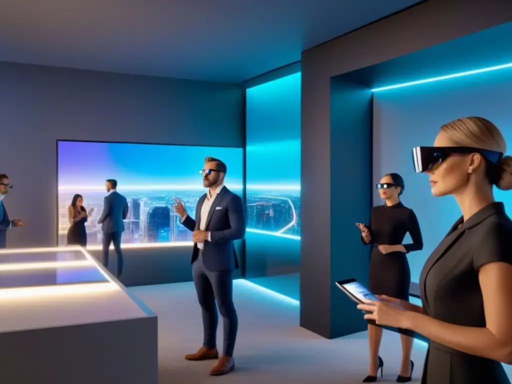 Showroom inmobiliario con realidad aumentada: lujo futurista Un showroom inmobiliario moderno y futurista con tecnología de Realidad Aumentada en bienes raíces