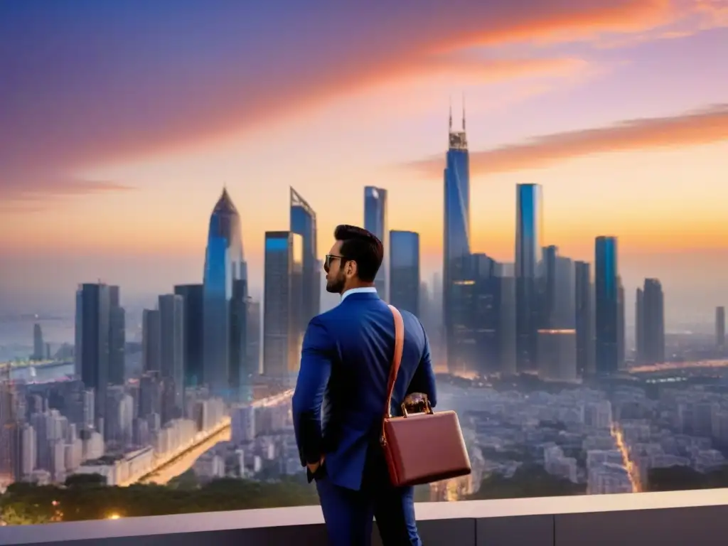 Oportunidades de inversión inmobiliaria: atardecer en la ciudad Silueta en la ciudad al atardecer con rascacielos iluminados, reflejando oportunidades inversión inmobiliaria internacional