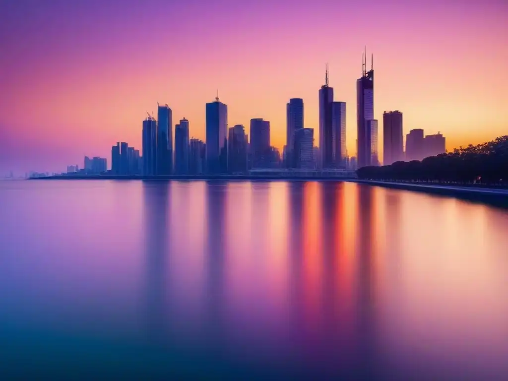 Horizonte urbano moderno al atardecer: luces cálidas y sombras largas Silueta moderna de una ciudad al atardecer, con rascacielos reflejando tonos cálidos del sol, en una escena urbana vibrante
