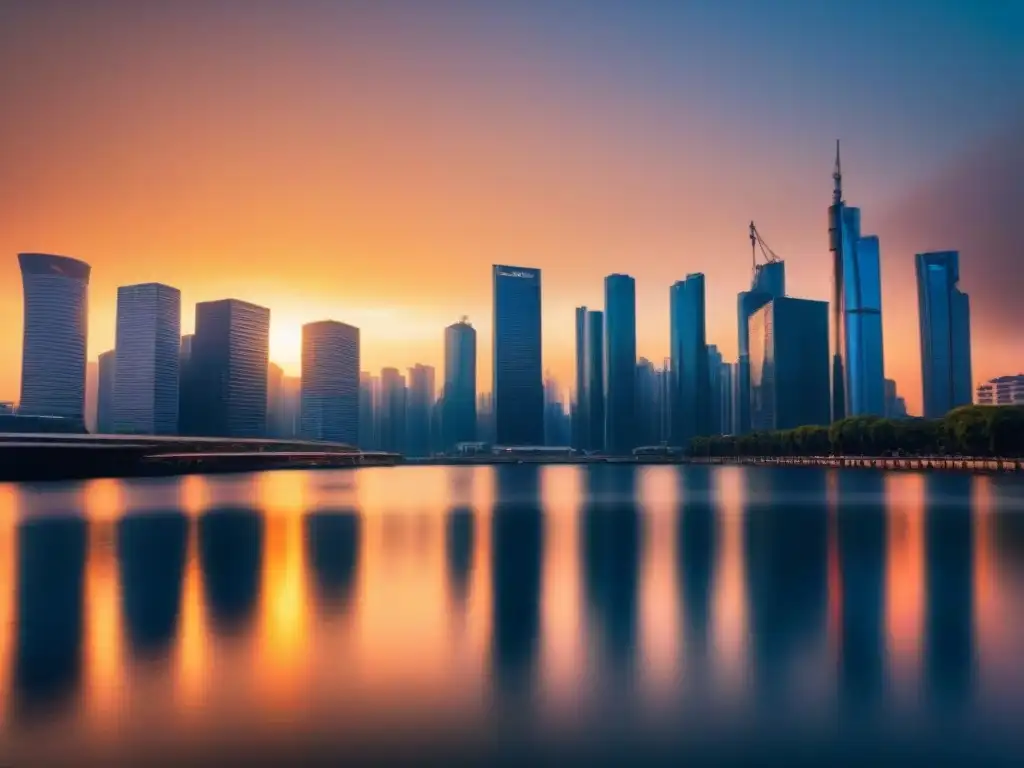 Paisaje urbano moderno al atardecer: impacto de regulaciones locales en tasas de interés inmobiliario Silueta urbana moderna al atardecer, rascacielos de vidrio reflejando colores cálidos del sol, influencia de normativa local tasas interés préstamo