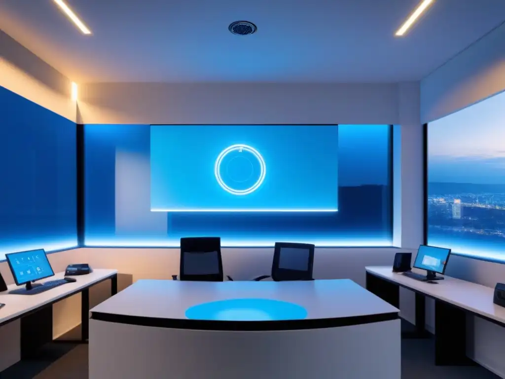 Oficina futurista con sistema de seguridad avanzado en 8K Un sistema de seguridad futurista en una inmobiliaria, con paneles biométricos y luces azules