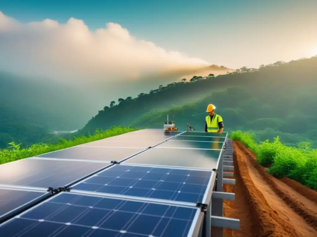 Construcción sostenible: fusión de naturaleza y tecnología Un sitio de construcción ecológica con trabajadores y maquinaria moderna rodeados de naturaleza y paneles solares, fusionando tecnología y naturaleza