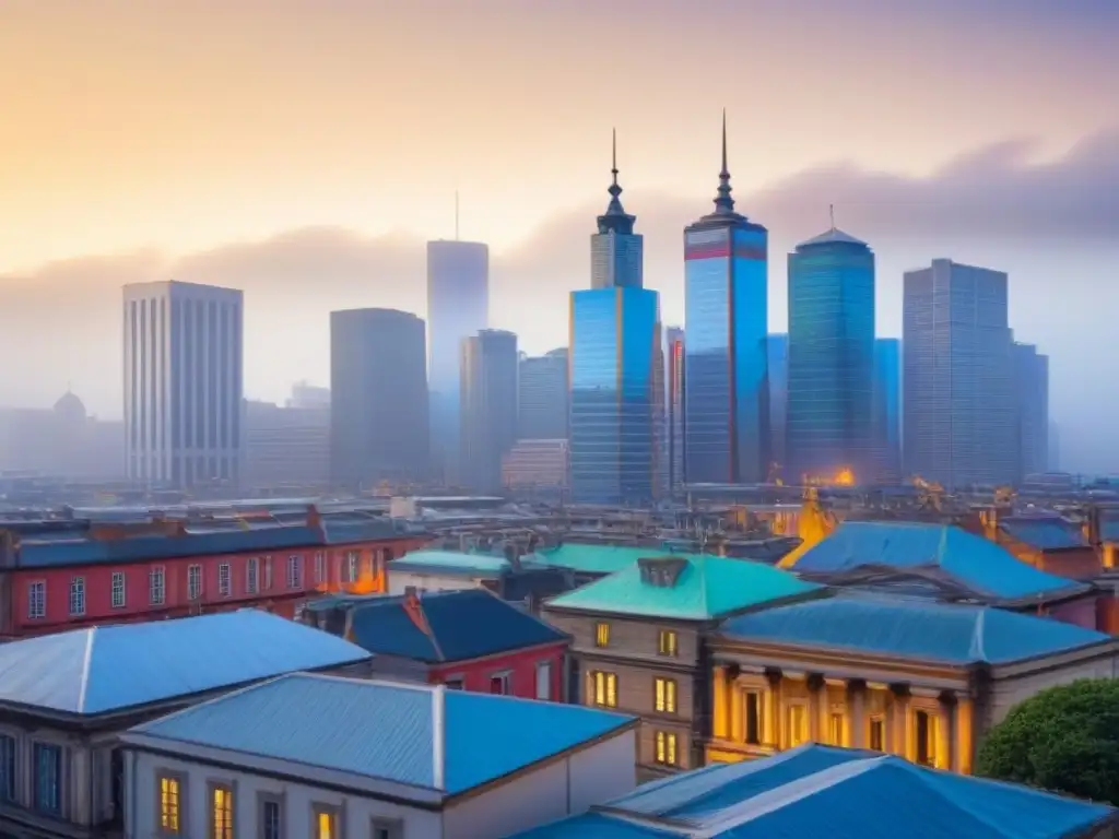 Contraste arquitectónico: leyes patrimoniales vs Skyline de ciudad: arquitectura antigua y moderna simbolizan el impacto de leyes de patrimonio en inversiones inmobiliarias