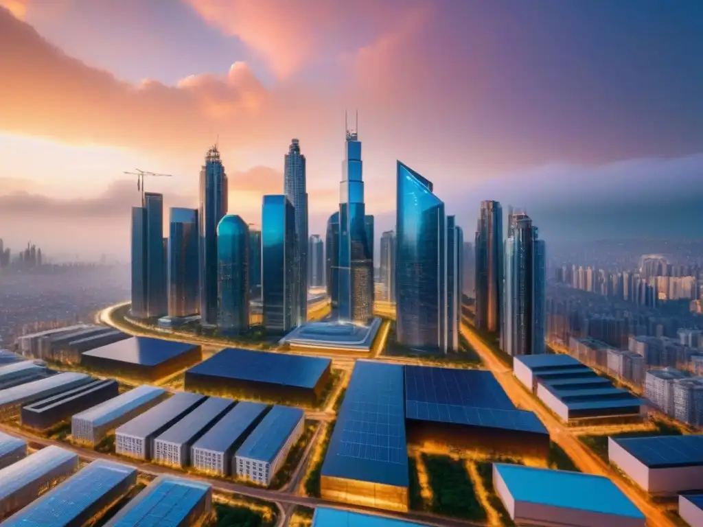 Horizonte urbano futurista: innovación y sostenibilidad Un skyline futurista al atardecer, reflejando innovación y sostenibilidad