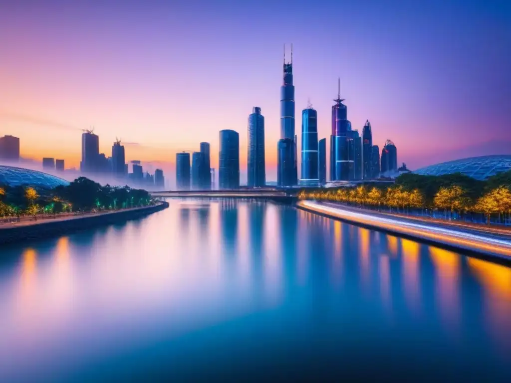 Metrópolis futurista: luces y tecnología en alta resolución Un skyline futurista de vidrio iluminado reflejado en un río, simbolizando energía e innovación