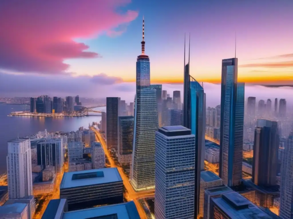 Real Estate Regulations: Impacto dinámico en las Américas El skyline urbano bullicioso refleja el resplandor del sol poniente, simbolizando el impacto dinámico de las regulaciones inmobiliarias por región