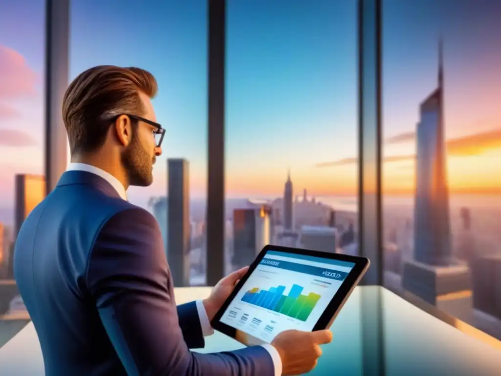 Un skyline urbano moderno al atardecer, con profesionales exitosos discutiendo, estudiando y revisando gráficos en una tableta
