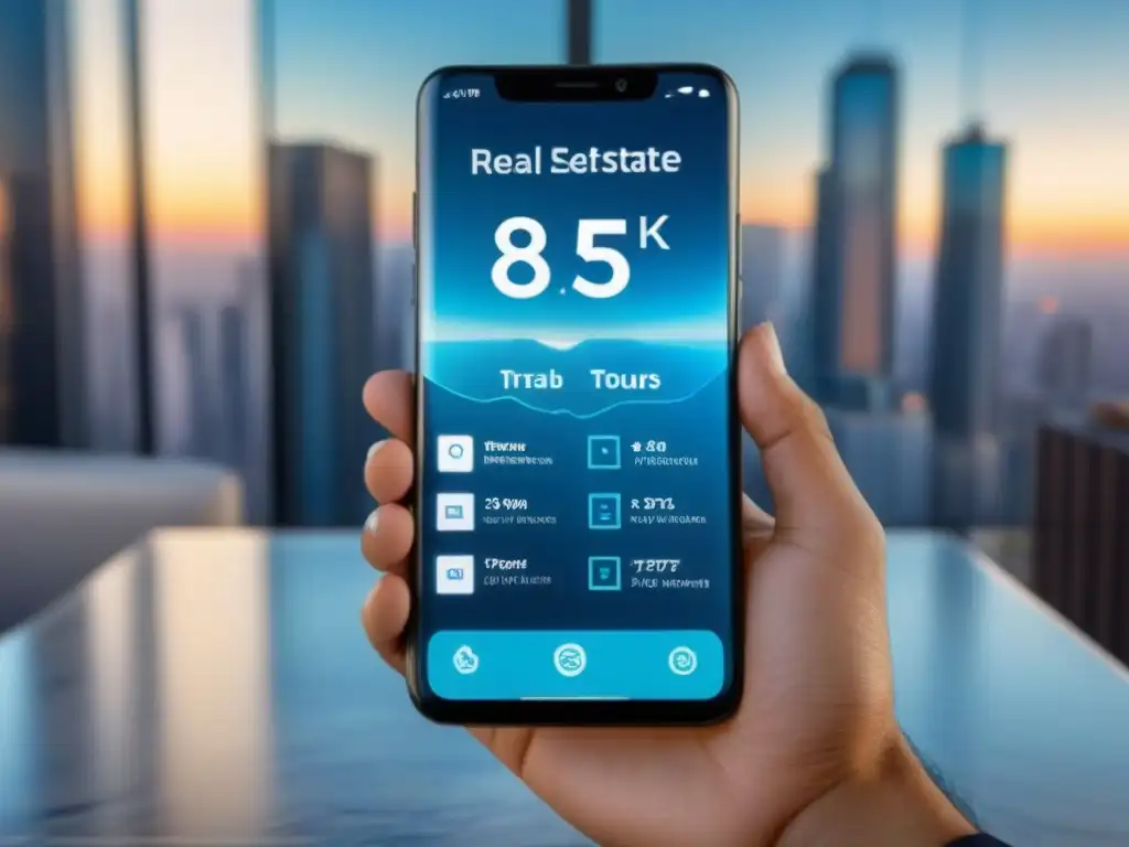 Smartphone futurista con app inmobiliaria innovadora en interfaz 3D, reflejada en mármol
