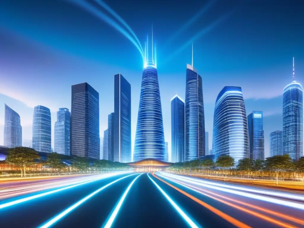 Ciudad Futurista: Tecnología y Seguridad en Bienes Raíces Sofisticada ciudad futurista con rascacielos y flujos de datos transparentes