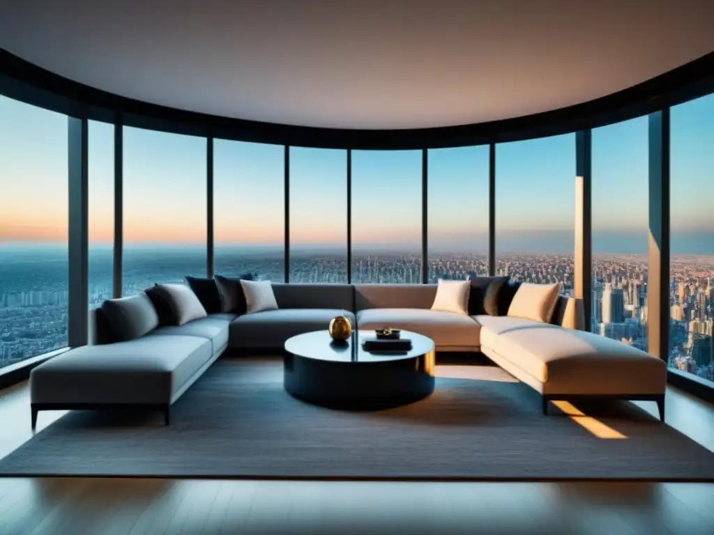 Suntuoso salón urbano con vistas panorámicas en apartamento de lujo Sofisticada sala de estar en apartamento urbano de lujo con vista panorámica a la ciudad