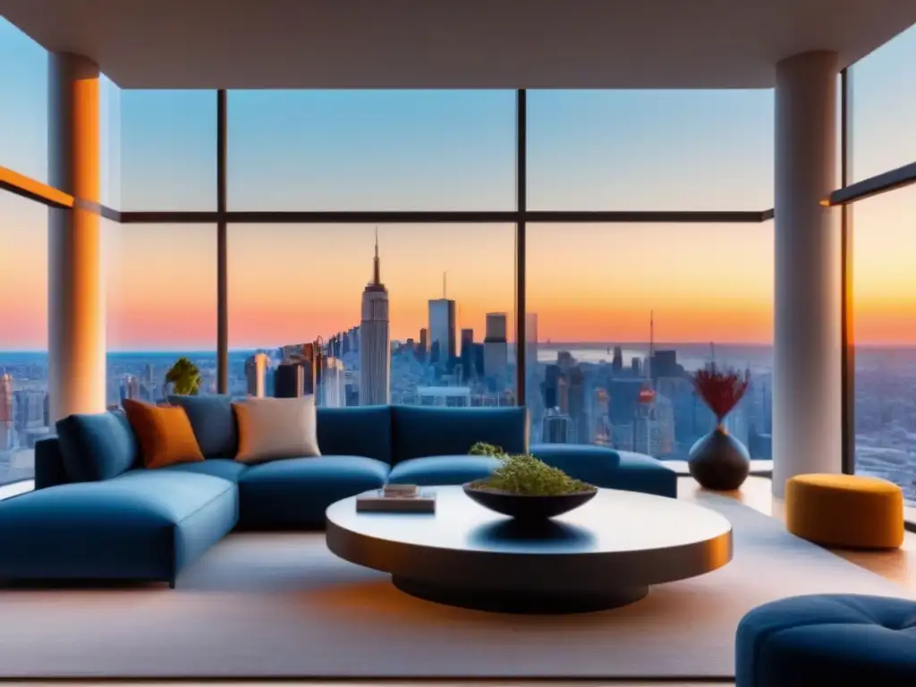 Penthouse de lujo con vista a la ciudad al atardecer Sofisticada sala de estar en un ático de lujo con vista a la ciudad, muebles de diseño contemporáneo y detalles arquitectónicos elegantes bajo la cálida luz del atardecer