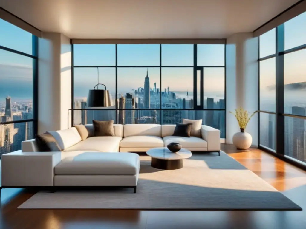 Salón de lujo y moderno: refinanciación de propiedades exclusivas Sofisticada sala de estar moderna con decoración elegante y vista panorámica a la ciudad