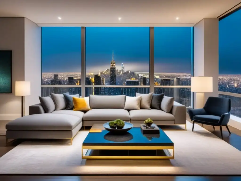 Salón moderno de lujo con vista nocturna a la ciudad Sofisticada sala de estar moderna con sofá gris, mesa de café de mármol y vista nocturna de la ciudad