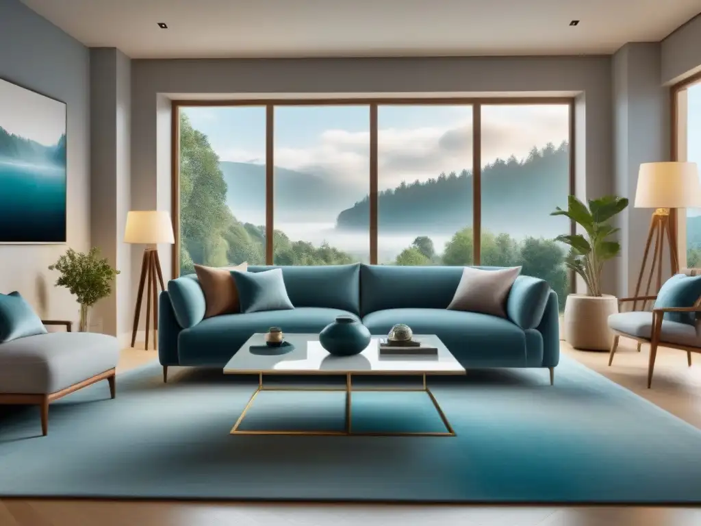 Salón moderno de lujo: sofisticación en tonos calmados Sofisticada sala de estar moderna con psicología del color en propiedades, transmitiendo calma y lujo