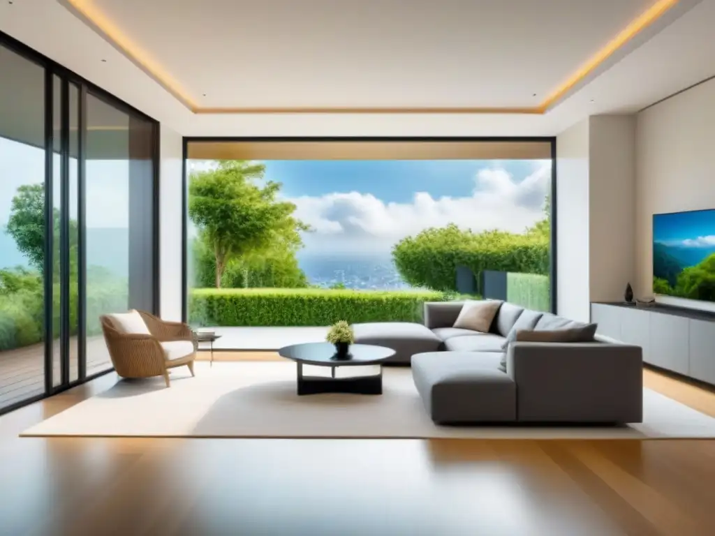 Salón moderno con ventana panorámica y jardín: Ventajas de hipotecas flexibles Sofisticada sala de estar moderna con ventana panorámica y jardín verde, ilustrando 'Ventajas de hipotecas privadas flexibles'