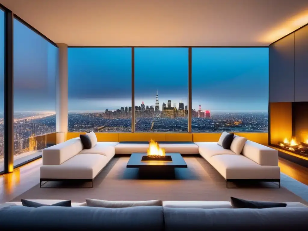 Sofisticada sala de estar moderna con vista nocturna de la ciudad, chimenea y mobiliario elegante, creando una atmósfera acogedora