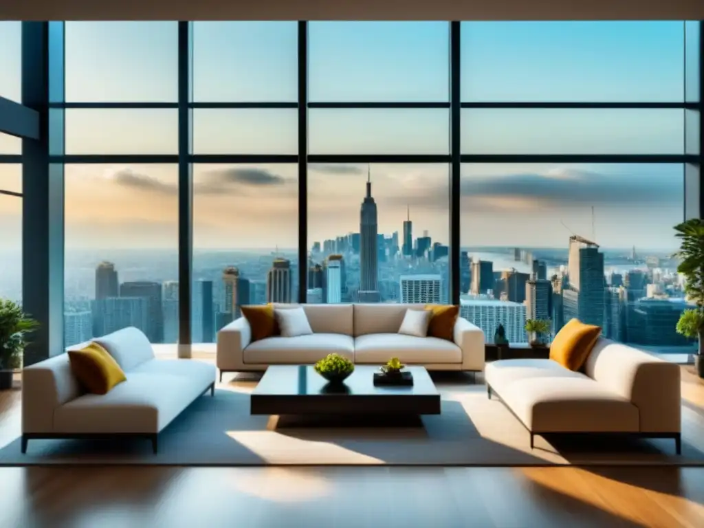 Sala de estar moderna de lujo con vista panorámica y toques de verde Sofisticada sala de estar moderna con vista a la ciudad y toques de verde, ideal para 'Ventajas préstamos ajuste tasa inmobiliaria'