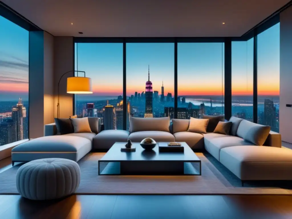 Salón moderno de lujo con vista urbana al atardecer Sofisticada sala de estar moderna con vista a la ciudad al anochecer