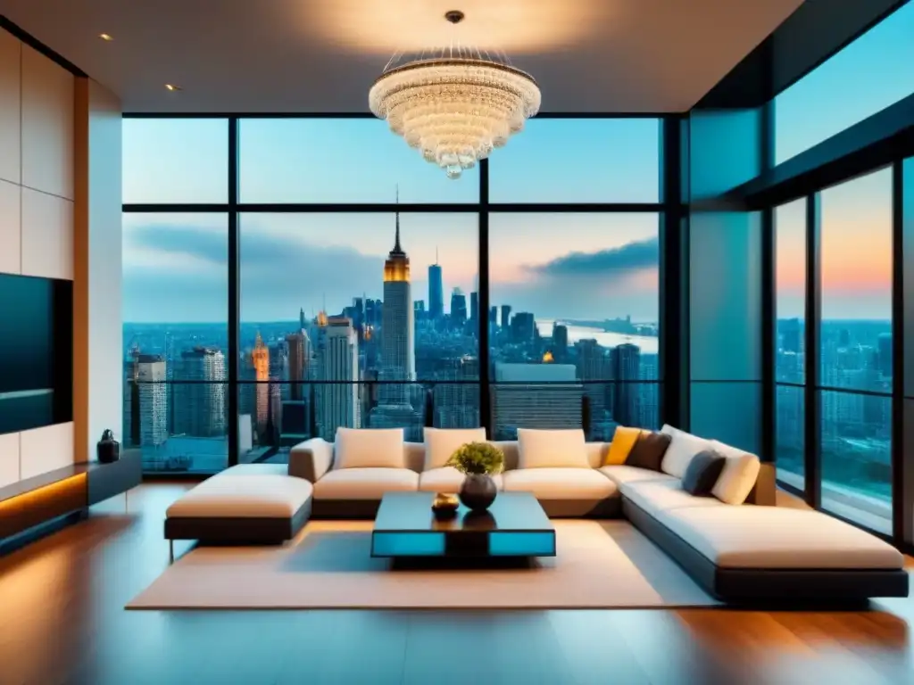 Sala de estar moderna y lujosa con vista a la ciudad Sofisticada sala de estar moderna con vistas a la ciudad, iluminada por luz natural cálida