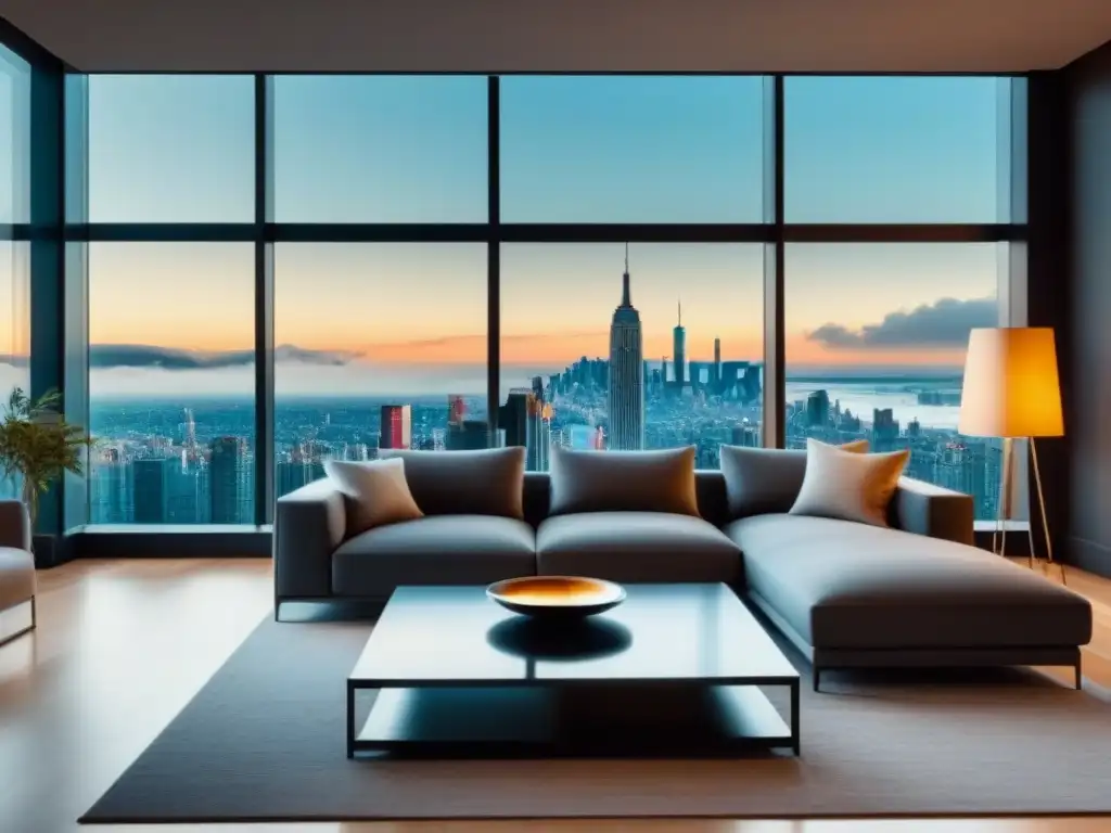 Salón de lujo con vista panorámica a la ciudad y sofisticada decoración Sofisticada sala de estar con ventana panorámica y vista a la ciudad