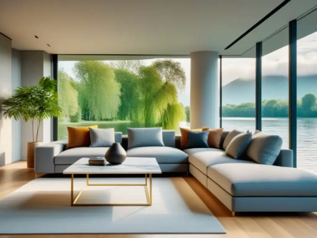 Sala de estar de lujo junto al lago para discutir préstamos hipotecarios Sofisticada sala con vista al lago, elegante decoración y luz natural, ideal para hablar de comparativa préstamos hipotecarios instituciones