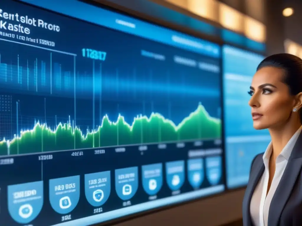 Análisis inmobiliario global detallado en 8k Un sofisticado análisis de mercado para inversionistas en una pantalla digital transparente futurista con gráficos detallados y colores brillantes