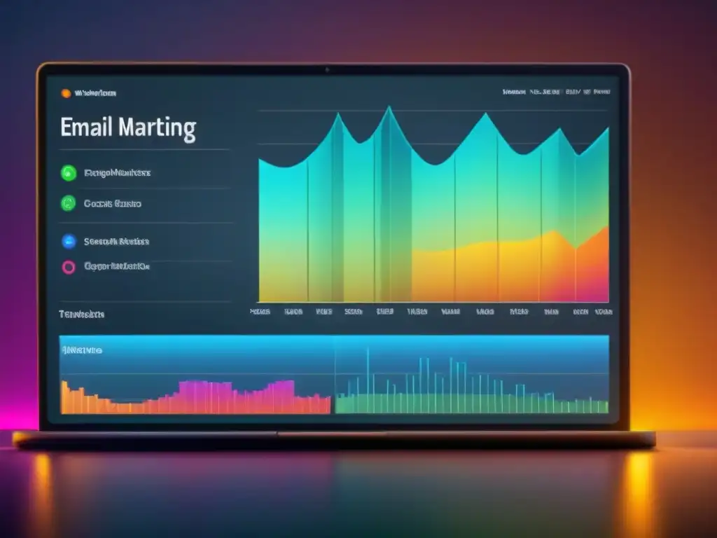 Panel de análisis de campañas de email marketing: datos vibrantes y precisos Un sofisticado panel de análisis de campañas de email marketing en pantalla de alta resolución, con gráficos coloridos y datos detallados