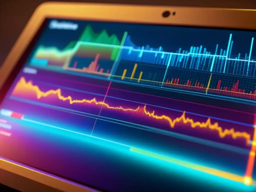 Un sofisticado panel digital muestra gráficos financieros detallados y vibrantes, representando tasas de interés en la industria Fintech