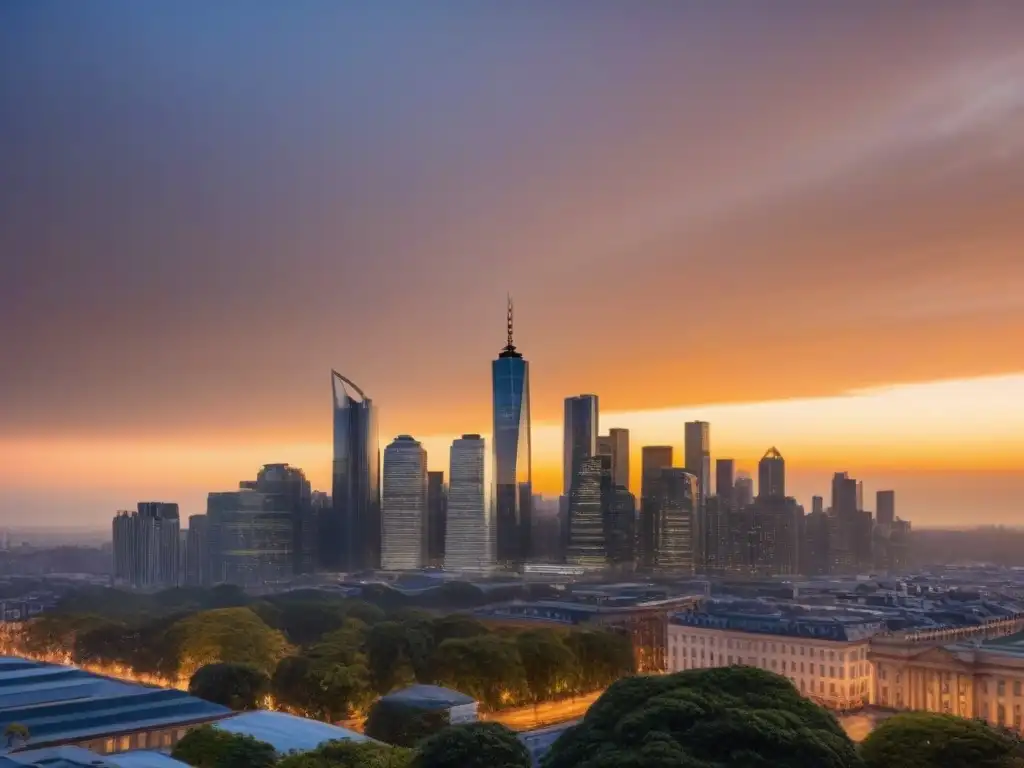 Horizonte urbano al atardecer: vibrante ciudad moderna El sol se pone sobre una moderna ciudad en crecimiento, reflejando el impacto de cambios legislativos en el mercado inmobiliario