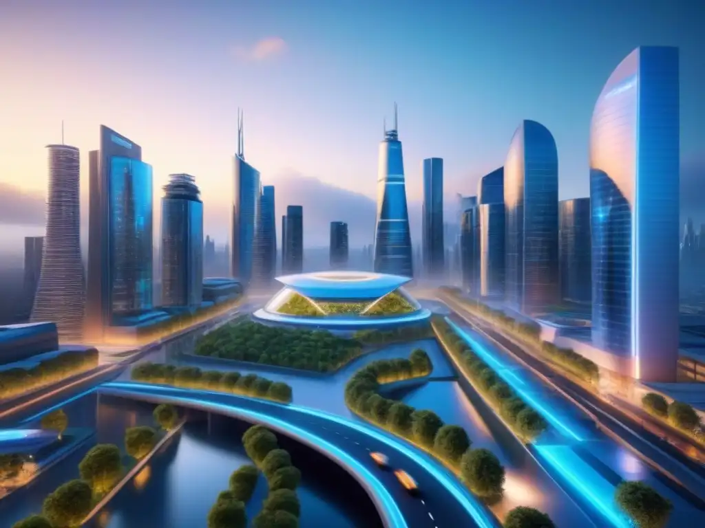 Metrópolis futurista: innovación y sostenibilidad en edificios inteligentes Un sorprendente paisaje urbano futurista con tecnología innovadora y tendencias mercado inmobiliario tecnología