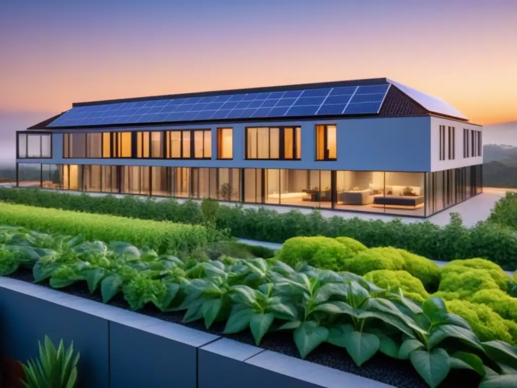 Edificio sostenible al atardecer: diseño moderno y eficiencia energética Edificación sostenible con beneficios financieros: diseño moderno, paneles solares y iluminación eficiente al anochecer